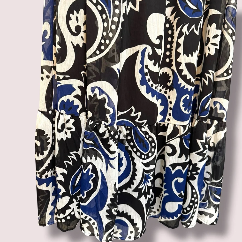 Loft Paisley Shirred Flounce Long Sleeve Midi Dress Tiered Blue White Size 8
